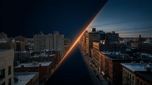 Composición dividida de una calle de Nueva York que muestra una comparativa de edición fotográfica nocturna y al atardecer.