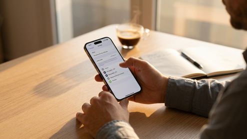 Manos de una persona sosteniendo un iPhone 18 Pro que muestra el menú de ajustes en la pantalla sobre una mesa de madera