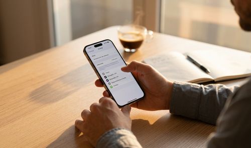 Manos de una persona sosteniendo un iPhone 18 Pro que muestra el menú de ajustes en la pantalla sobre una mesa de madera