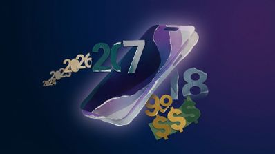 Composición artística estilo collage con la silueta de un teléfono, el año 2027, el número 18 y símbolos de dólar sobre un fondo azul oscuro.