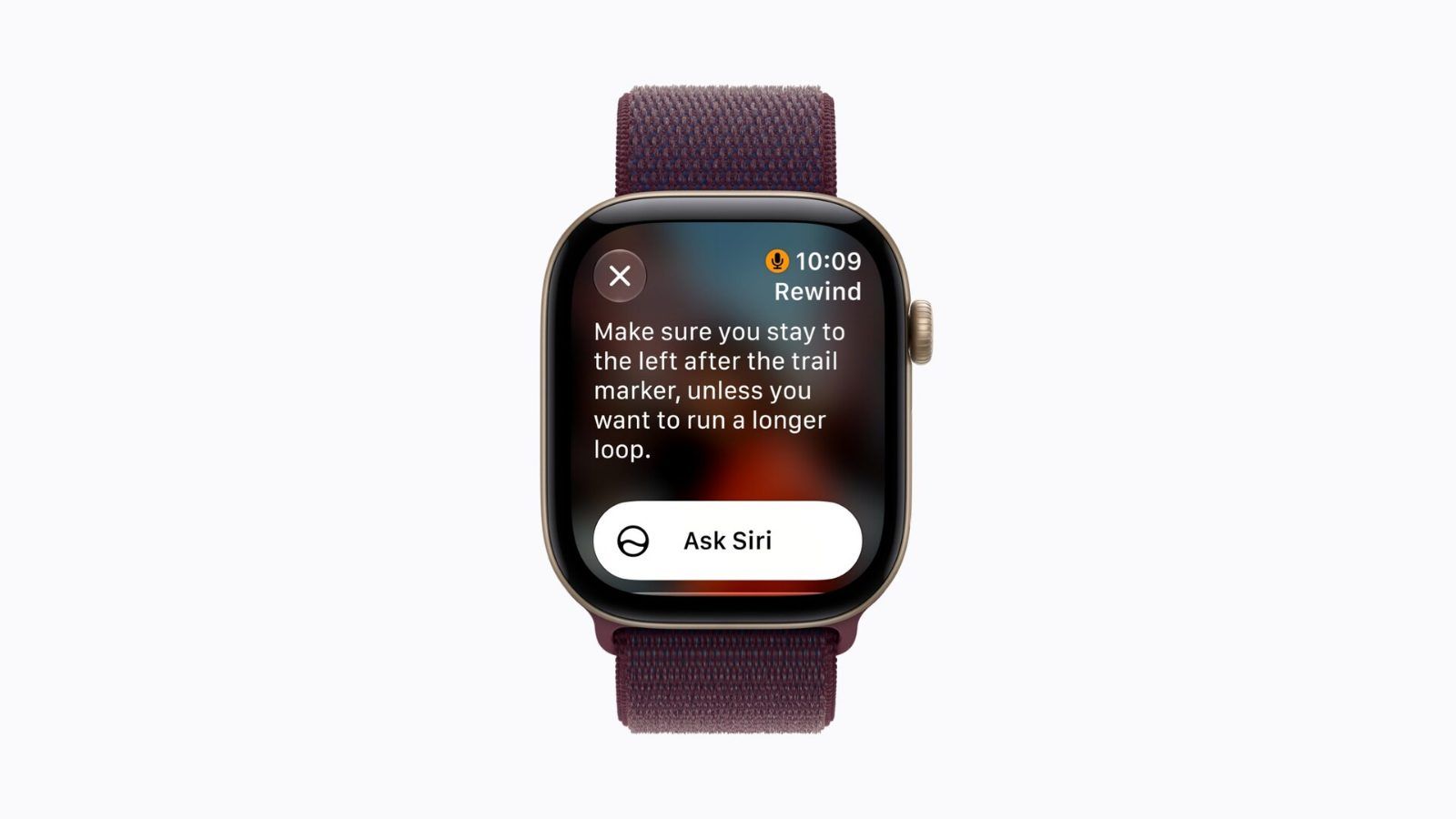 Interfaz de la función Rewind en la pantalla de un Apple Watch Series 12 mostrando una transcripción de texto.