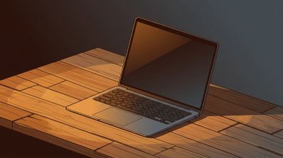 Ilustración de un ordenador portátil MacBook Air abierto sobre una mesa de madera con iluminación cálida de atardecer.