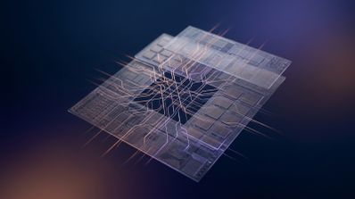 Representación conceptual de un procesador avanzado con múltiples capas y conexiones de luz sobre un fondo oscuro.