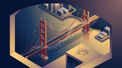 Ilustración isométrica del puente Golden Gate rodeado de estelas de luz digital dentro de una estructura geométrica.