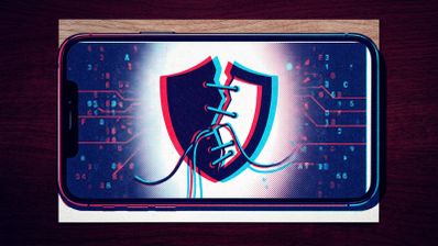 Ilustración conceptual de un iPhone con un escudo roto y cosido en pantalla, simbolizando una vulnerabilidad de seguridad.