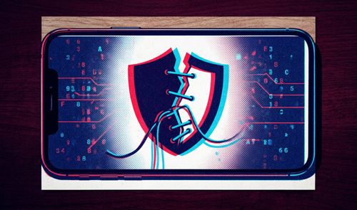 Ilustración conceptual de un iPhone con un escudo roto y cosido en pantalla, simbolizando una vulnerabilidad de seguridad.