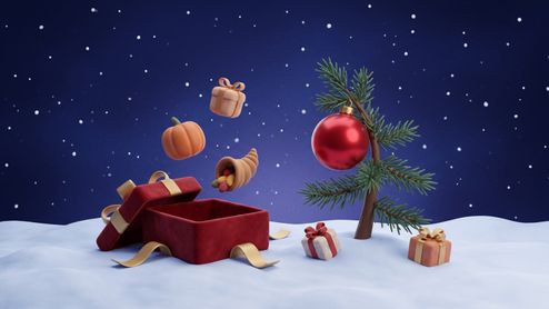 Ilustración en 3D de elementos de los especiales de Peanuts: una calabaza, una cornucopia y un regalo saliendo de una caja roja junto al árbol de Navidad de Charlie Brown en la nieve.