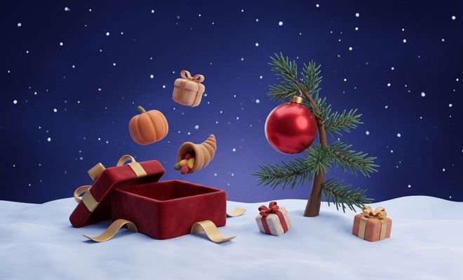 Ilustración en 3D de elementos de los especiales de Peanuts: una calabaza, una cornucopia y un regalo saliendo de una caja roja junto al árbol de Navidad de Charlie Brown en la nieve.