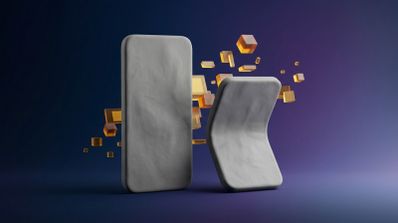 Representación artística de dos dispositivos móviles con textura pétrea, uno vertical y otro plegado, rodeados de cubos translúcidos flotantes.