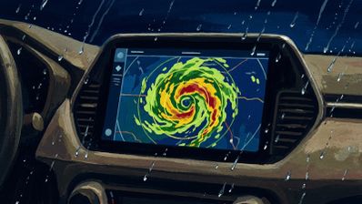Ilustración de la interfaz de RadarScope en la pantalla central de un coche mostrando un radar meteorológico de tormenta bajo la lluvia.