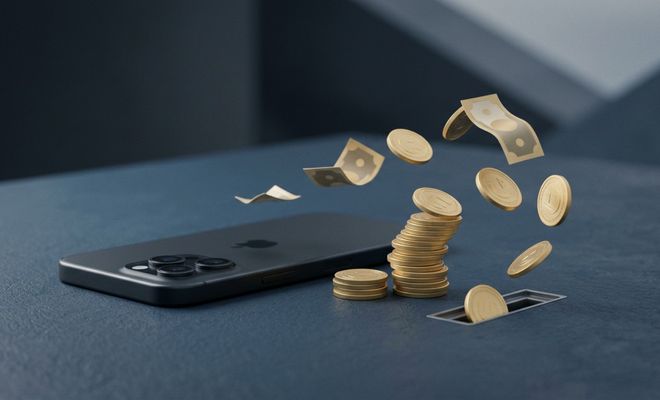 Monedas y billetes volando desde una ranura en una superficie hacia un teléfono iPhone de color oscuro.