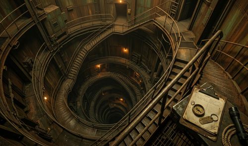 Vista cenital de una profunda escalera de caracol metálica en una estructura industrial subterránea con una brújula y una linterna en primer plano.
