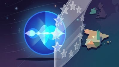 Ilustración conceptual que muestra el icono de Siri bloqueado por una barrera de estrellas de la Unión Europea frente a un mapa de España.