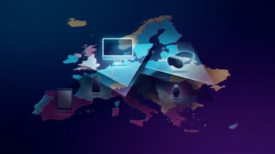 Ilustración del mapa de Europa con iconos de dispositivos Apple iluminados y en sombra.