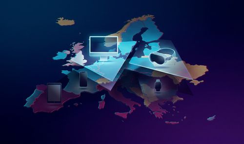 Ilustración del mapa de Europa con iconos de dispositivos Apple iluminados y en sombra.