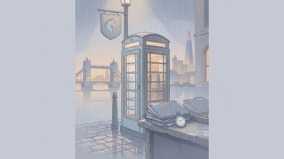 Ilustración de una cabina telefónica londinense bajo la lluvia con el Puente de la Torre al fondo y un cartel con la silueta de un caballo.