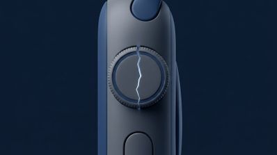 Primer plano del lateral de un reloj inteligente Apple Watch con la Digital Crown partida por la mitad por una grieta luminosa.