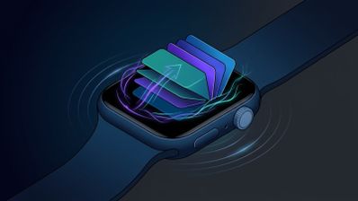 Ilustración de un Apple Watch con una pila de tarjetas de aplicaciones y una flecha hacia arriba indicando un gesto táctil.