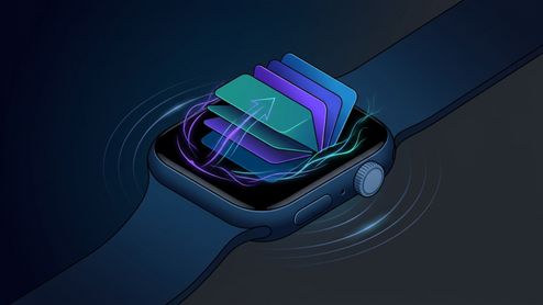 Ilustración de un Apple Watch con una pila de tarjetas de aplicaciones y una flecha hacia arriba indicando un gesto táctil.
