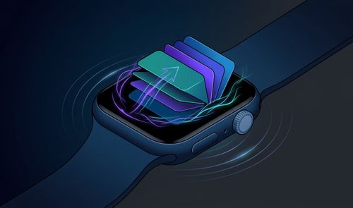 Ilustración de un Apple Watch con una pila de tarjetas de aplicaciones y una flecha hacia arriba indicando un gesto táctil.