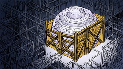 Ilustración de una esfera tecnológica con circuitos encerrada en una caja de madera con candados en un almacén industrial.