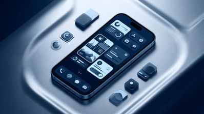 Interfaz de iPhone con diversos widgets y elementos de control sobre una superficie metálica.