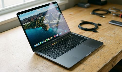 MacBook Pro abierto sobre una mesa de madera con varios cables y accesorios de fondo.