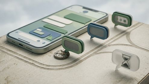 Representación conceptual de mensajes de WhatsApp saliendo de un iPhone junto a un mecanismo de reloj y un icono de reloj de arena.