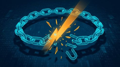 Ilustración digital de una cadena de alambre azul en 3D rompiéndose por el impacto de un rayo de luz naranja sobre un fondo con código binario y hexadecimal.