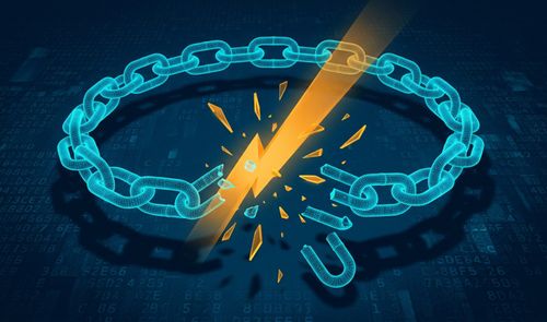 Ilustración digital de una cadena de alambre azul en 3D rompiéndose por el impacto de un rayo de luz naranja sobre un fondo con código binario y hexadecimal.