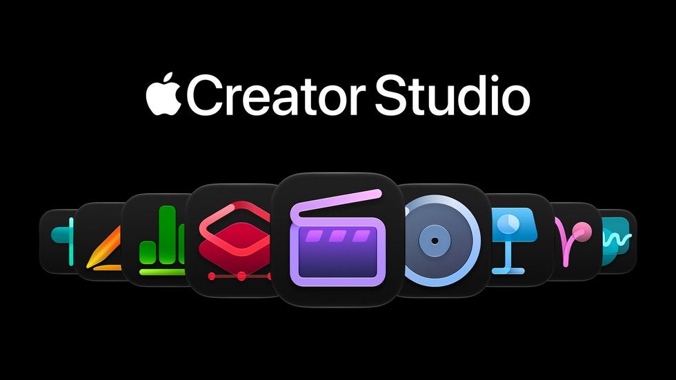 Logotipo de Apple Creator Studio con una fila de iconos de aplicaciones profesionales sobre fondo negro.