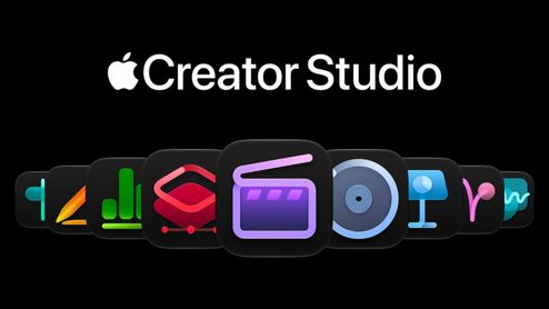 Logotipo de Apple Creator Studio sobre un fondo negro acompañado de una fila de iconos de aplicaciones de productividad y edición profesional.