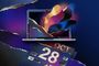 Composición artística que muestra un MacBook Pro con formas orgánicas de colores saliendo de su pantalla sobre un calendario con la fecha 28 de octubre.