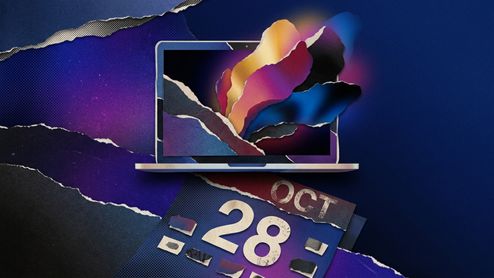 Composición artística que muestra un MacBook Pro con formas orgánicas de colores saliendo de su pantalla sobre un calendario con la fecha 28 de octubre.