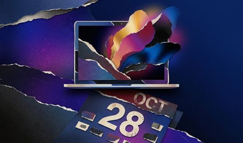 Composición artística que muestra un MacBook Pro con formas orgánicas de colores saliendo de su pantalla sobre un calendario con la fecha 28 de octubre.