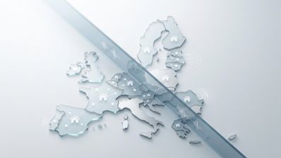 Mapa tridimensional de Europa con iconos de domótica dividido por una barrera de cristal que muestra una onda de sonido.