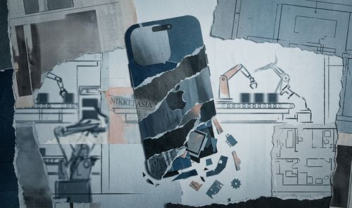 Ilustración conceptual de un iPhone 18 Pro fragmentado sobre planos de fabricación y recortes de prensa de Nikkei Asia.