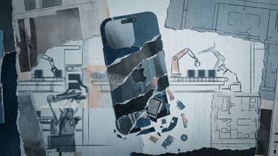 Ilustración conceptual de un iPhone 18 Pro fragmentado sobre planos de fabricación y recortes de prensa de Nikkei Asia.