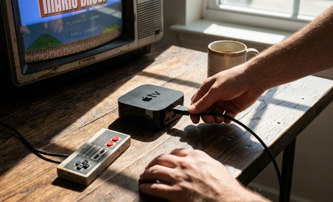 Persona conectando un cable a un Apple TV 2 junto a un mando de NES y una televisión antigua que muestra un videojuego clásico.