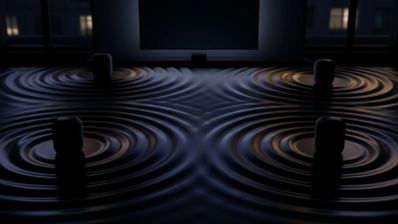Representación conceptual de cuatro altavoces HomePod situados frente a un televisor, generando ondas de sonido circulares en una superficie oscura.