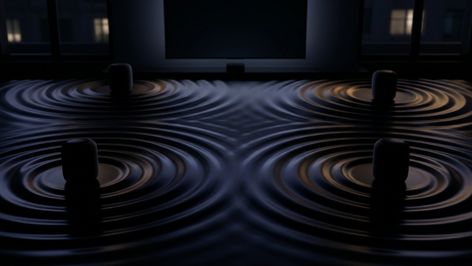 Representación conceptual de cuatro altavoces HomePod situados frente a un televisor, generando ondas de sonido circulares en una superficie oscura.