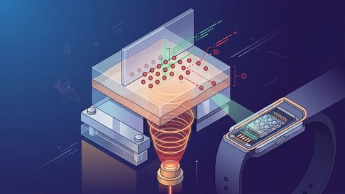 Ilustración técnica isométrica que muestra el funcionamiento interno de un sensor óptico en un Apple Watch proyectando ondas de luz sobre una estructura de tejidos.