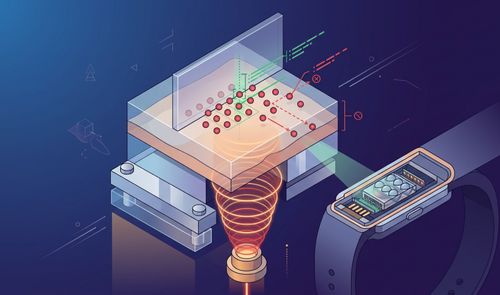 Ilustración técnica isométrica que muestra el funcionamiento interno de un sensor óptico en un Apple Watch proyectando ondas de luz sobre una estructura de tejidos.
