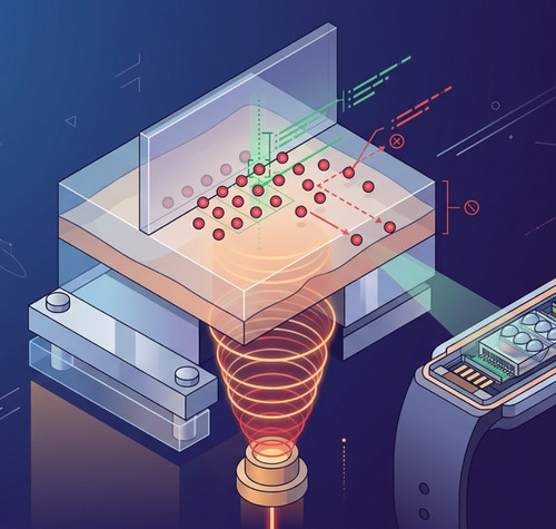 Ilustración técnica isométrica que muestra el funcionamiento interno de un sensor óptico en un Apple Watch proyectando ondas de luz sobre una estructura de tejidos.