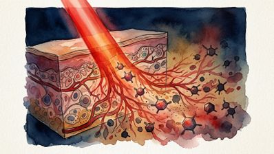 Ilustración artística en acuarela de un haz de luz roja atravesando las capas de la piel hasta alcanzar los vasos sanguíneos y moléculas circundantes.