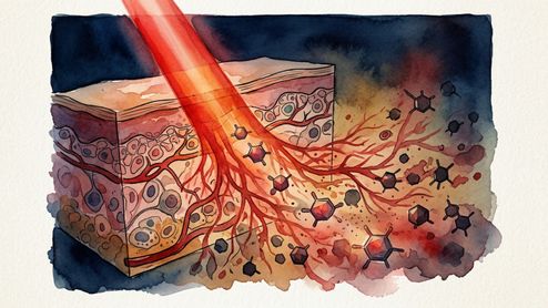 Ilustración artística en acuarela de un haz de luz roja atravesando las capas de la piel hasta alcanzar los vasos sanguíneos y moléculas circundantes.