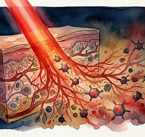 Ilustración artística en acuarela de un haz de luz roja atravesando las capas de la piel hasta alcanzar los vasos sanguíneos y moléculas circundantes.