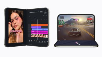 Dos unidades de iPhone Duo mostrando aplicaciones de edición de vídeo y videojuegos en formato plegable.