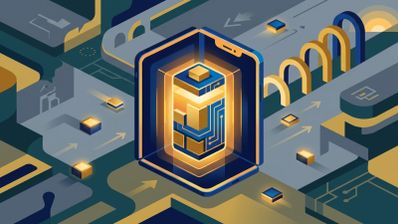 Ilustración isométrica de un smartphone plegado con un icono de batería brillante en el centro y circuitos electrónicos.