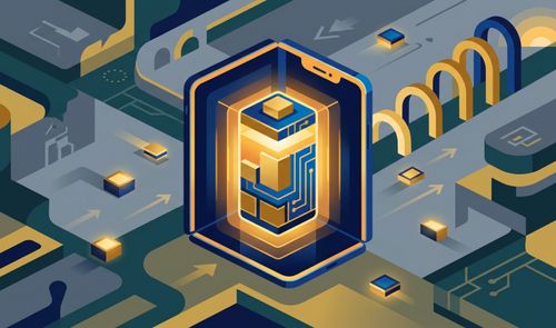 Ilustración isométrica de un smartphone plegado con un icono de batería brillante en el centro y circuitos electrónicos.